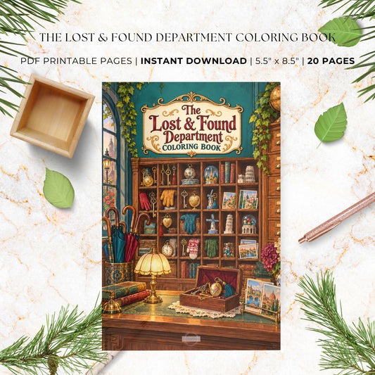 Promotional graphic for a printable coloring book titled "The Lost & Found Department Coloring Book," showing a vintage shop interior illustration on the cover. Text at the top reads "PDF Printable Pages | Instant Download | 5.