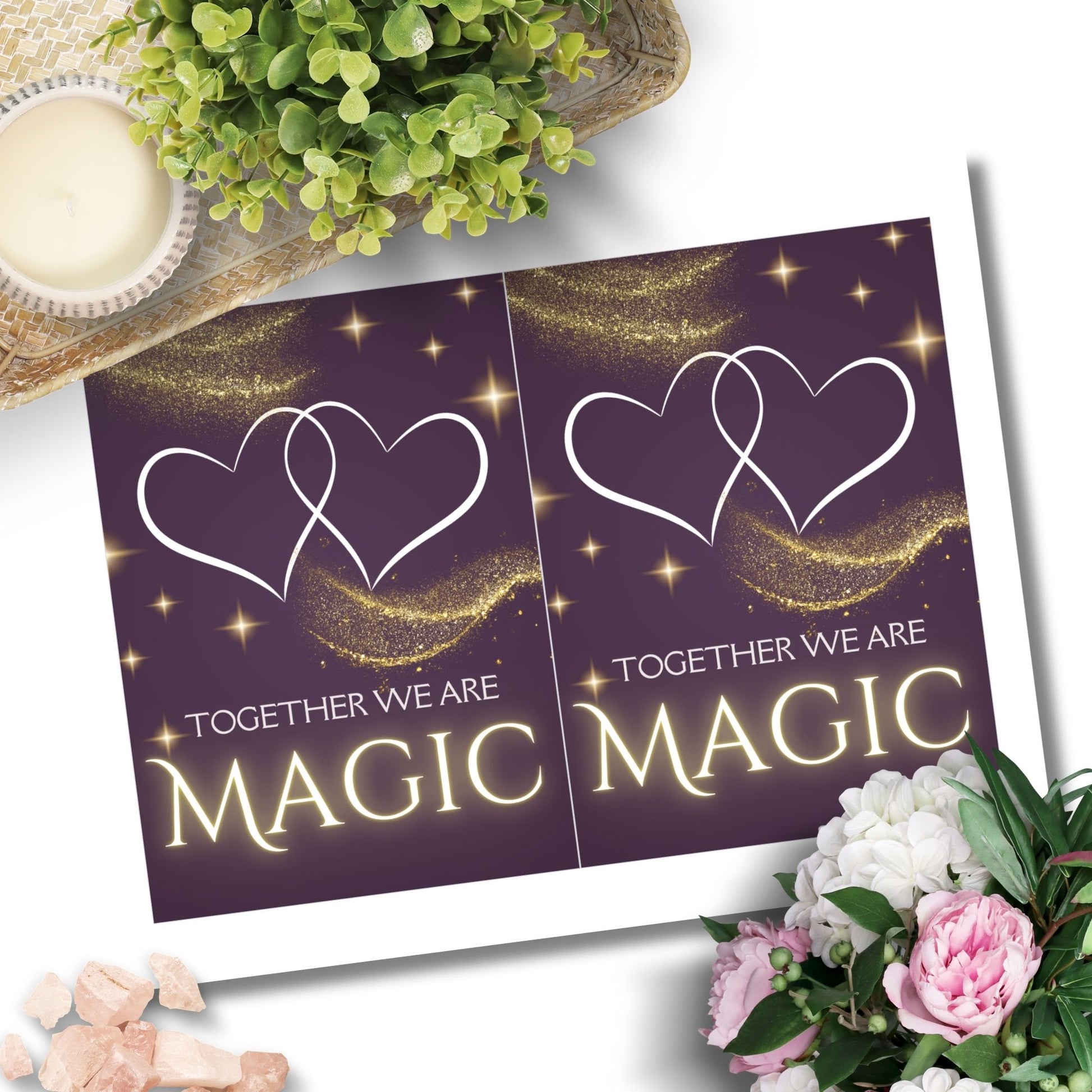 Printable Valentine’s Day Greeting Card featuring the phrase “Together We Are Magic.” Designed as a 5x7 PDF on an 8.5 x 11 sheet with two cards per page. A whimsical and heartfelt Valentine’s card for romantics and dreamers.