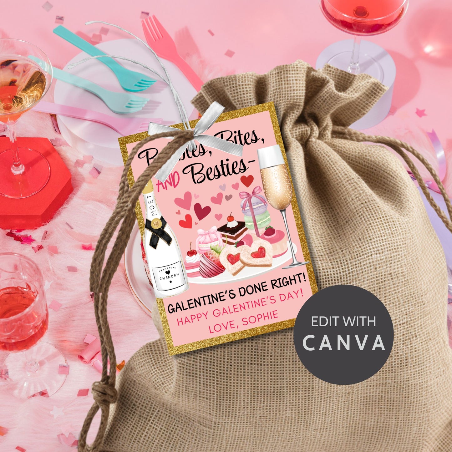 Festive printable and editable Galentine’s Day gift tags featuring champagne, sweets, and the message "Bubbles, Bites, and Besties." Perfect for wine nights, brunch, or Galentine’s gift bags.