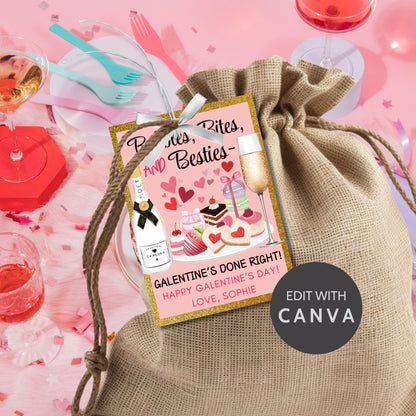 Festive printable and editable Galentine’s Day gift tags featuring champagne, sweets, and the message "Bubbles, Bites, and Besties." Perfect for wine nights, brunch, or Galentine’s gift bags.