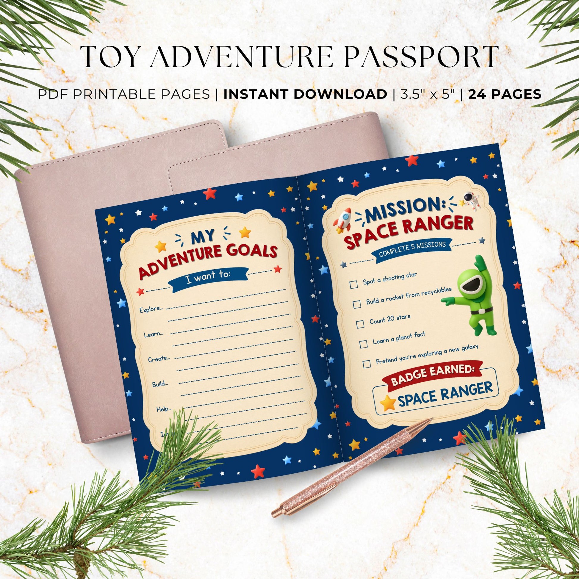 Kids printable adventure passport featuring My Adventure Goals writing page and Space Ranger Mission activity with checklists and badge challenge.