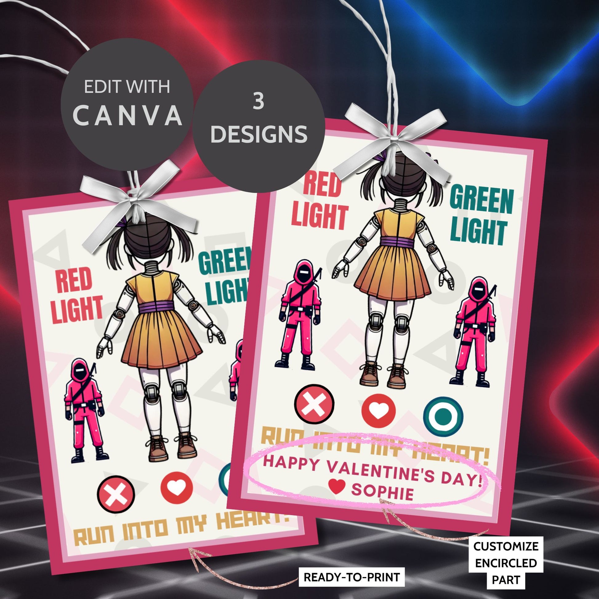 Set of three Red Light, Green Light-themed Valentine’s Day gift tags featuring playful designs, customizable name options, and a unique gaming-inspired message. Perfect for classrooms, parties, and loved ones.