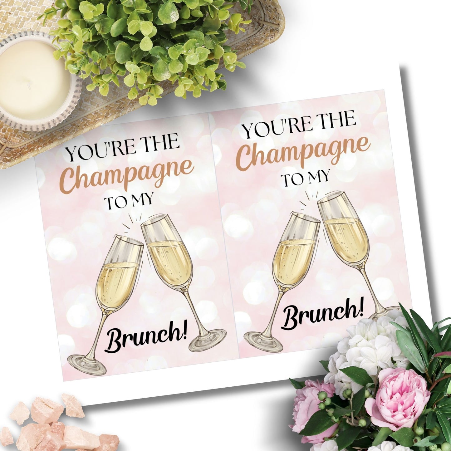 A printable Galentine’s Day greeting card featuring a chic champagne and brunch theme, with the phrase "You’re the Champagne to My Brunch." A 5x7-inch design, perfect for best friends, brunch lovers, and Galentine’s celebrations, available as an instant download.