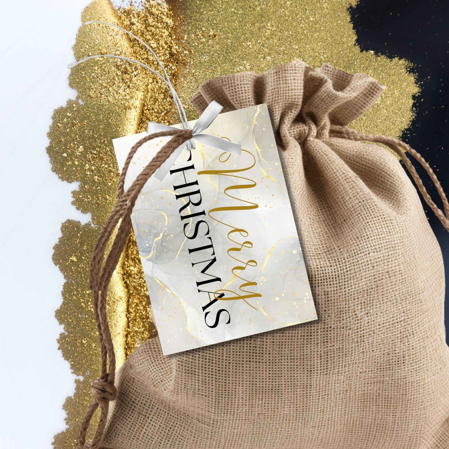 Luxury Christmas gift tags featuring a marble background with gold accents and black "Merry Christmas" typography, sized 2.5 x 3.5 inches, 8 tags per sheet.