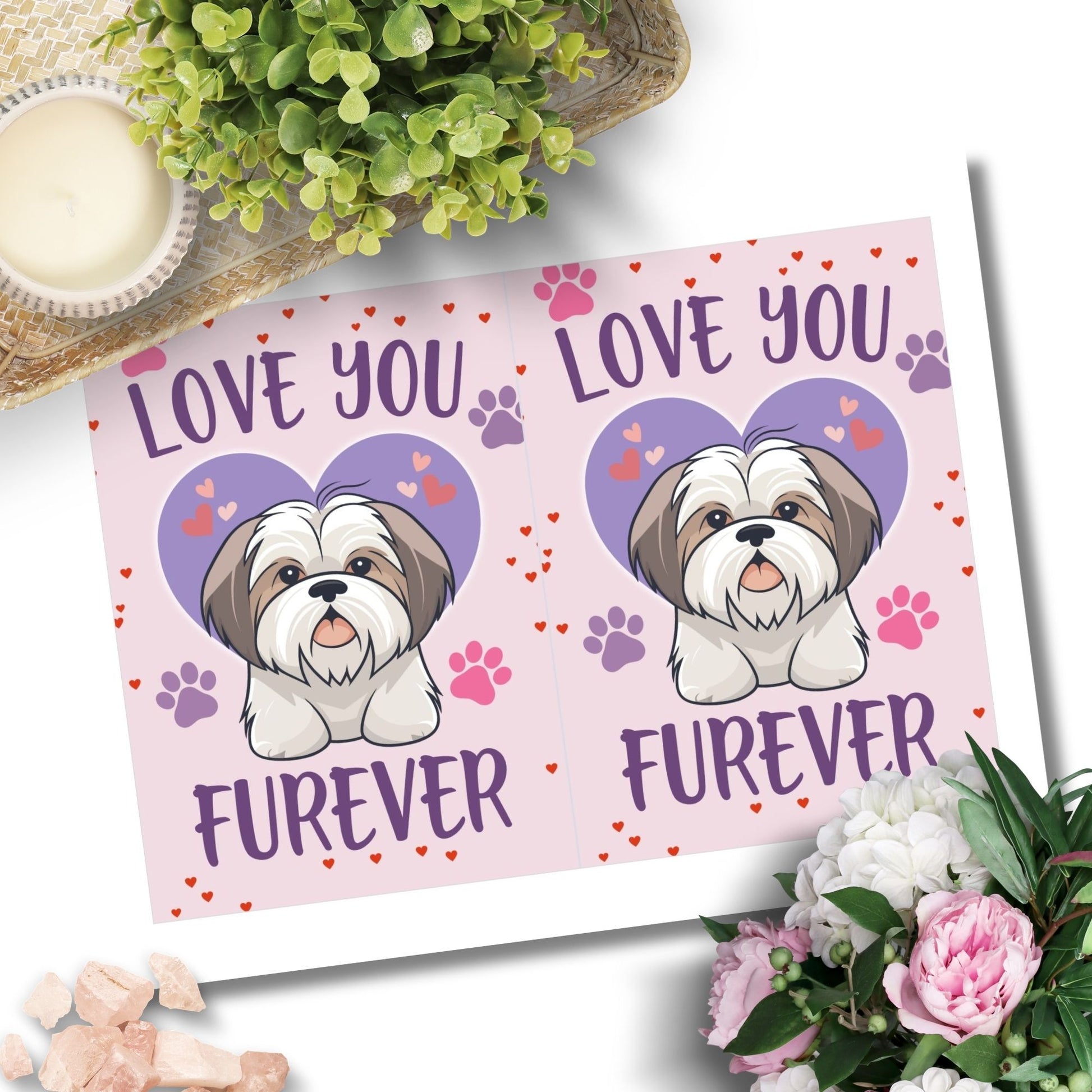 Printable Valentine’s Day Greeting Card featuring the pun “Love You Furever.” Designed as a 5x7 PDF on an 8.5 x 11 sheet with two cards per page. A cute and heartfelt Valentine’s card for pet lovers.