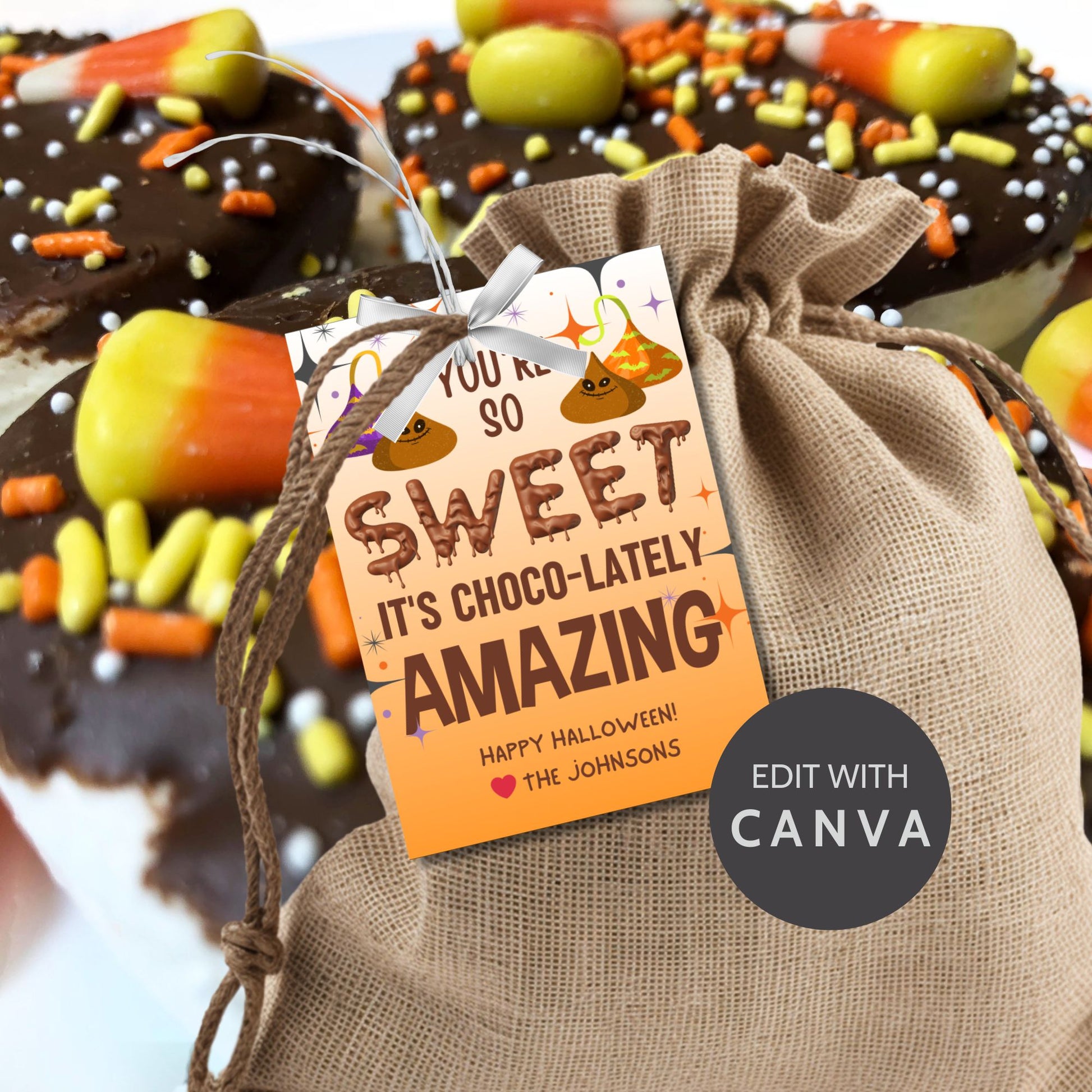 Halloween-themed printable gift tags with the message "You're So Sweet It's Choco-lately Amazing" featuring playful chocolate designs. Tags are 2.5 x 3.5 inches, laid out 8 per sheet on a standard 8.5 x 11-inch page. Includes a printable PDF and a PDF with a link to an editable Canva template.