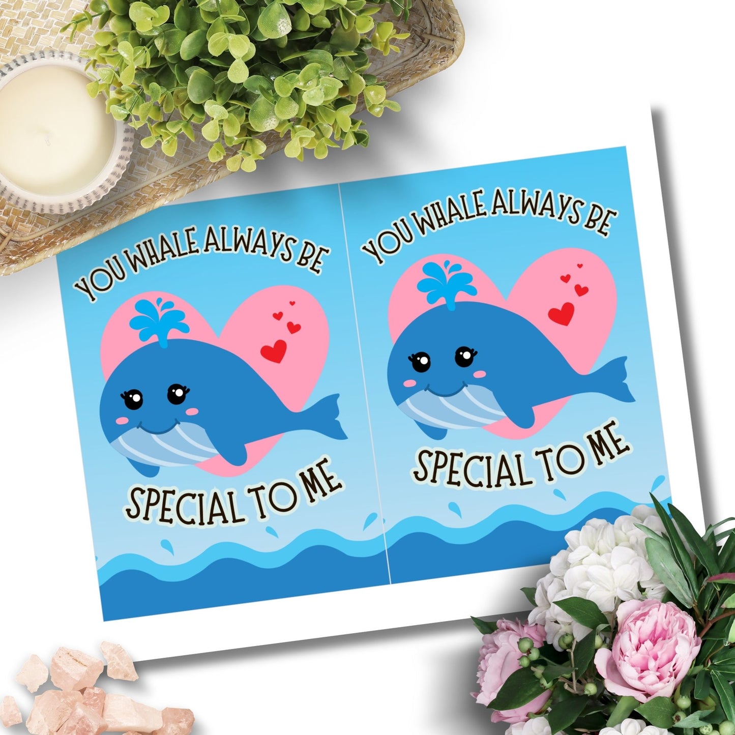 Printable Valentine’s Day Greeting Card featuring the phrase “You Whale Always Be Special to Me.” Designed as a 5x7 PDF on an 8.5 x 11 sheet with two cards per page. A cute and heartfelt Valentine’s card for whale lovers and friends.