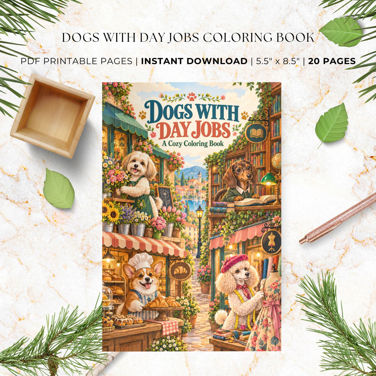 Promotional graphic for a printable coloring book titled "Dogs With Day Jobs" showing a colorful illustrated cover with several dogs in a market scene. Text above reads "PDF PRINTABLE PAGES | INSTANT DOWNLOAD | 5.