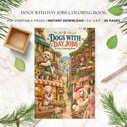 Promotional graphic for a printable coloring book titled "Dogs With Day Jobs" showing a colorful illustrated cover with several dogs in a market scene. Text above reads "PDF PRINTABLE PAGES | INSTANT DOWNLOAD | 5.