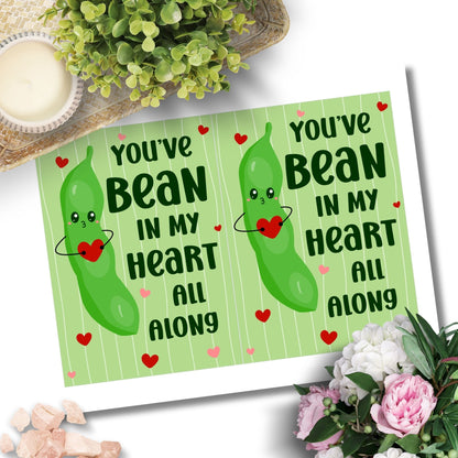 Printable Valentine’s Day Greeting Card featuring the phrase “You’ve Bean in My Heart All Along” with a cute bean design. Designed as a 5x7 PDF on an 8.5 x 11 sheet with two cards per page. A punny and heartfelt Valentine’s card for loved ones.