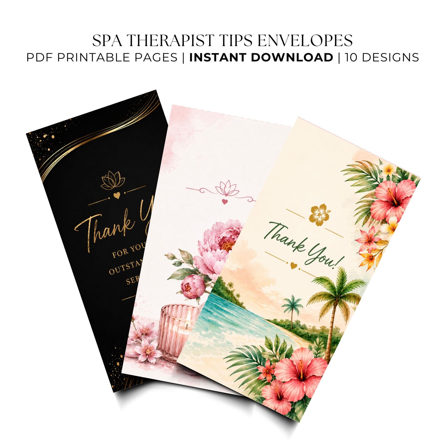 Printable Spa Therapist Tip Envelopes Bundle | 10 Elegant Spa Thank You Money Holders | Massage Therapist Appreciation Gift | Instant Download PDF