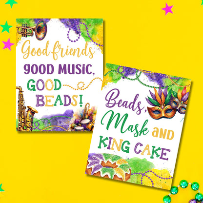 Printable Mardi Gras table toppers featuring classic Mardi Gras phrases in bold purple, gold, and green, perfect for party centerpieces and festive event decor.