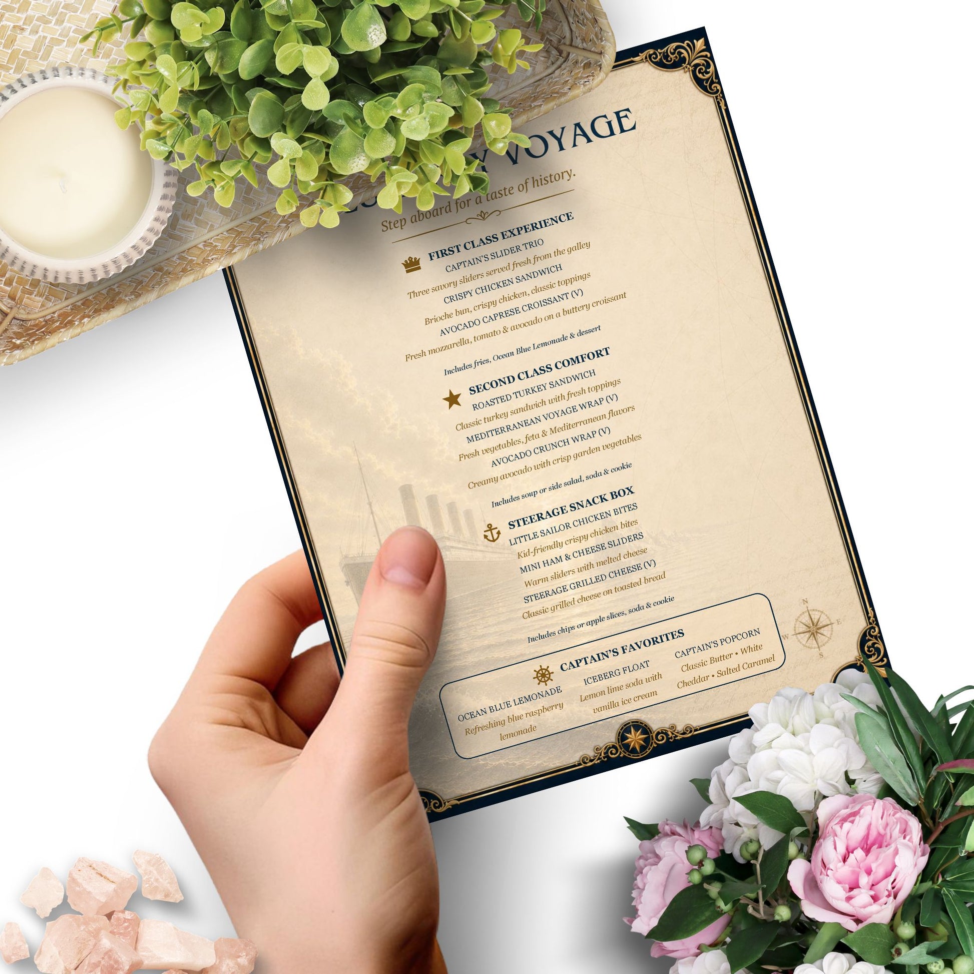 Titanic-inspired editable menu template featuring vintage ocean liner design with First Class Experience, Second Class Comfort, and Steerage Snack Box menu sections in an 8.5 x 11 Word document format.