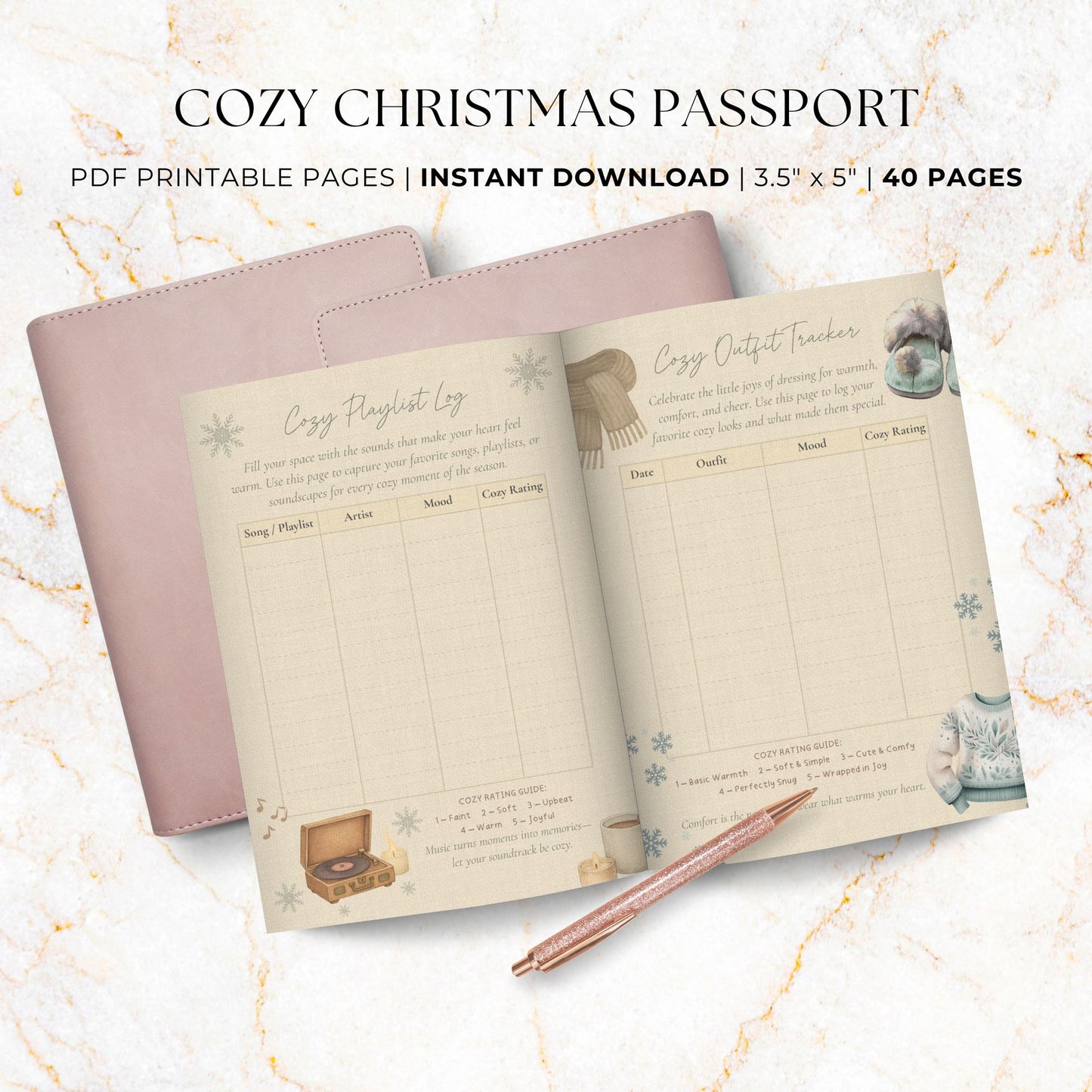 Cozy Christmas Passport Printable – 40-page hygge holiday journal with watercolor illustrations, tasting logs, self-care pages, and winter reflections.