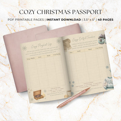 Cozy Christmas Passport Printable – 40-page hygge holiday journal with watercolor illustrations, tasting logs, self-care pages, and winter reflections.
