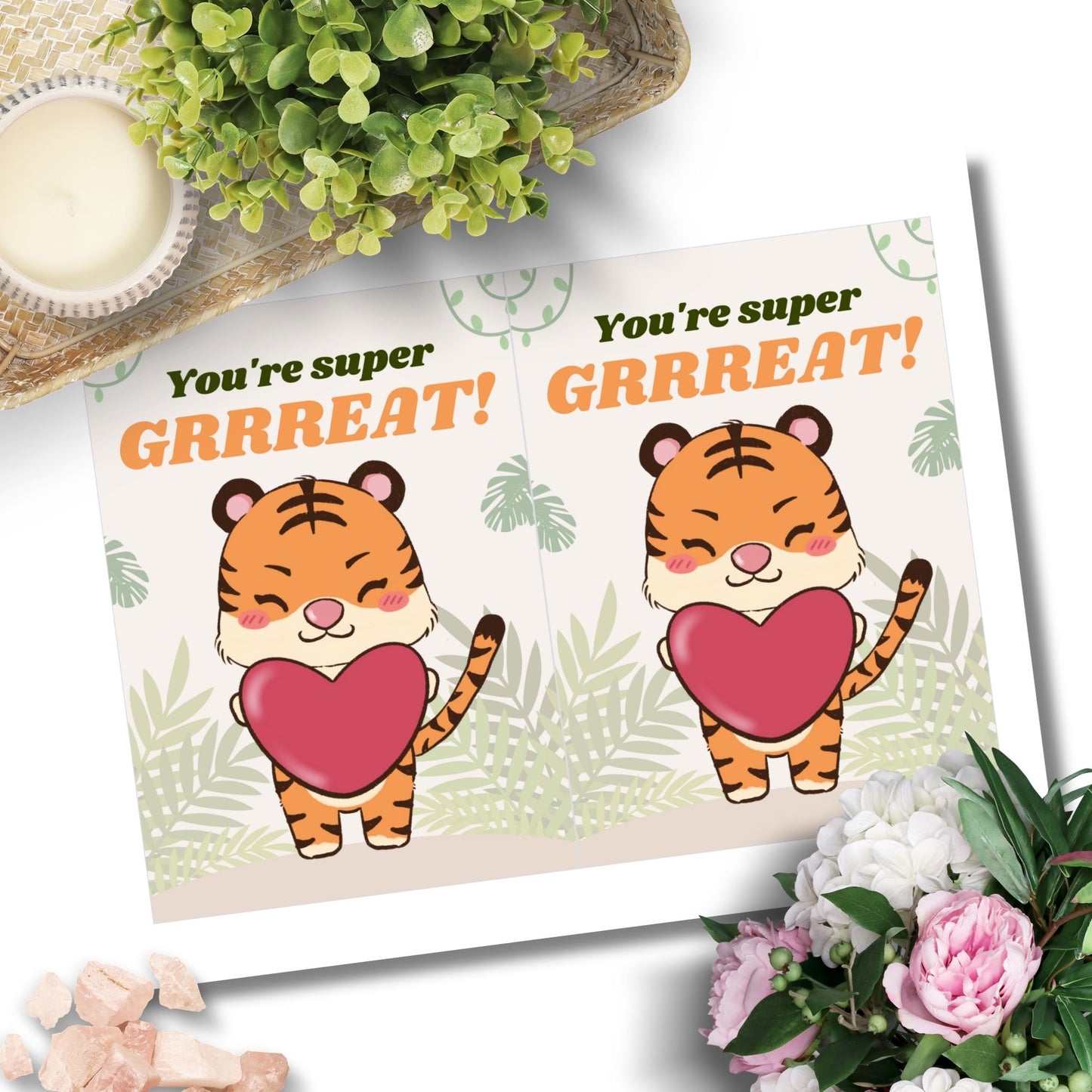 Printable Valentine’s Day Greeting Card featuring the phrase “You're Super GRRREAT” with a tiger theme. Designed as a 5x7 PDF on an 8.5 x 11 sheet with two cards per page. A fun and fierce Valentine’s card for animal lovers.