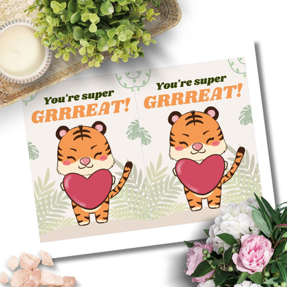 Printable Valentine’s Day Greeting Card featuring the phrase “You're Super GRRREAT” with a tiger theme. Designed as a 5x7 PDF on an 8.5 x 11 sheet with two cards per page. A fun and fierce Valentine’s card for animal lovers.