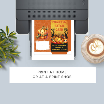 Printer with a printed product featuring pumpkins and text on a light blue background with a plant and coffee cup.