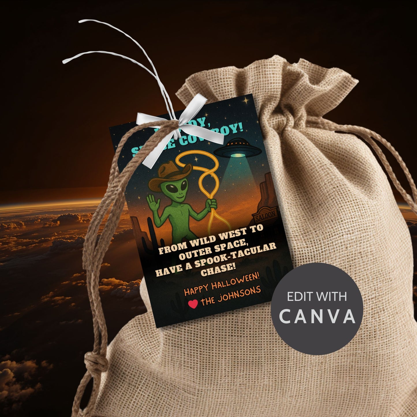 Alien holding a lasso on a Wild West Halloween gift tag with stars and space-themed elements, captioned "Howdy, Space Cowboy!"