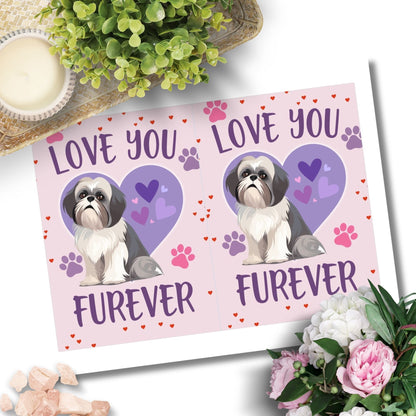 Printable Valentine’s Day Greeting Card featuring the pun “Love You Furever.” Designed as a 5x7 PDF on an 8.5 x 11 sheet with two cards per page. A cute and heartfelt Valentine’s card for pet lovers.