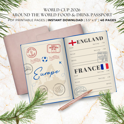 Vintage-inspired Around the World Food & Drink Passport printable featuring 48 World Cup nations, interactive food and drink rating pages, distressed passport stamps, continent divider pages, memory snapshots, Top 10 World Cup Flavors tracker, and official completion certificate in a royal blue, red, and cream travel-themed design.