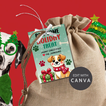 Christmas gift tags featuring an adorable puppy with a scarf and holiday gifts, paired with the message "Paw-some Holiday Treat." These printable and editable tags are perfect for adding a playful touch to holiday gifts for pet lovers.