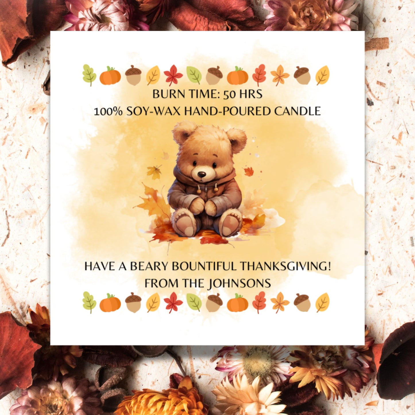 A set of 9 "Beary Bountiful Thanksgiving" themed Fall candle labels featuring charming bears, autumn leaves, and Thanksgiving motifs. The 2.75-inch square labels come as fixed designs with editable text for personal customization.