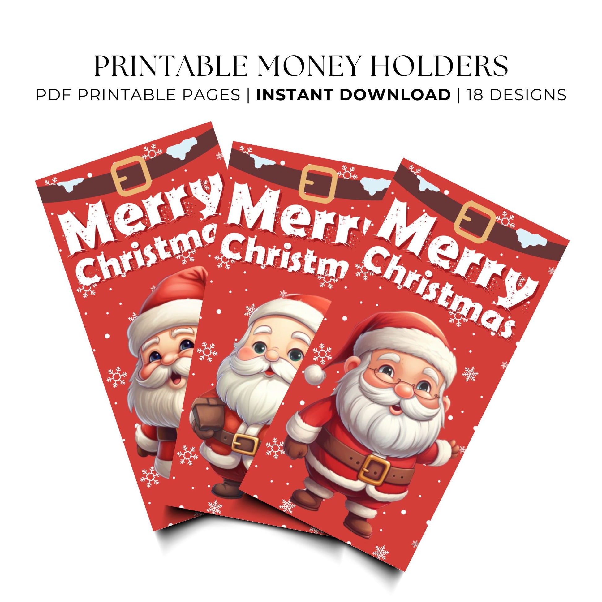 Three red 'Merry Christmas' money holders with Santa Claus design on a white background.