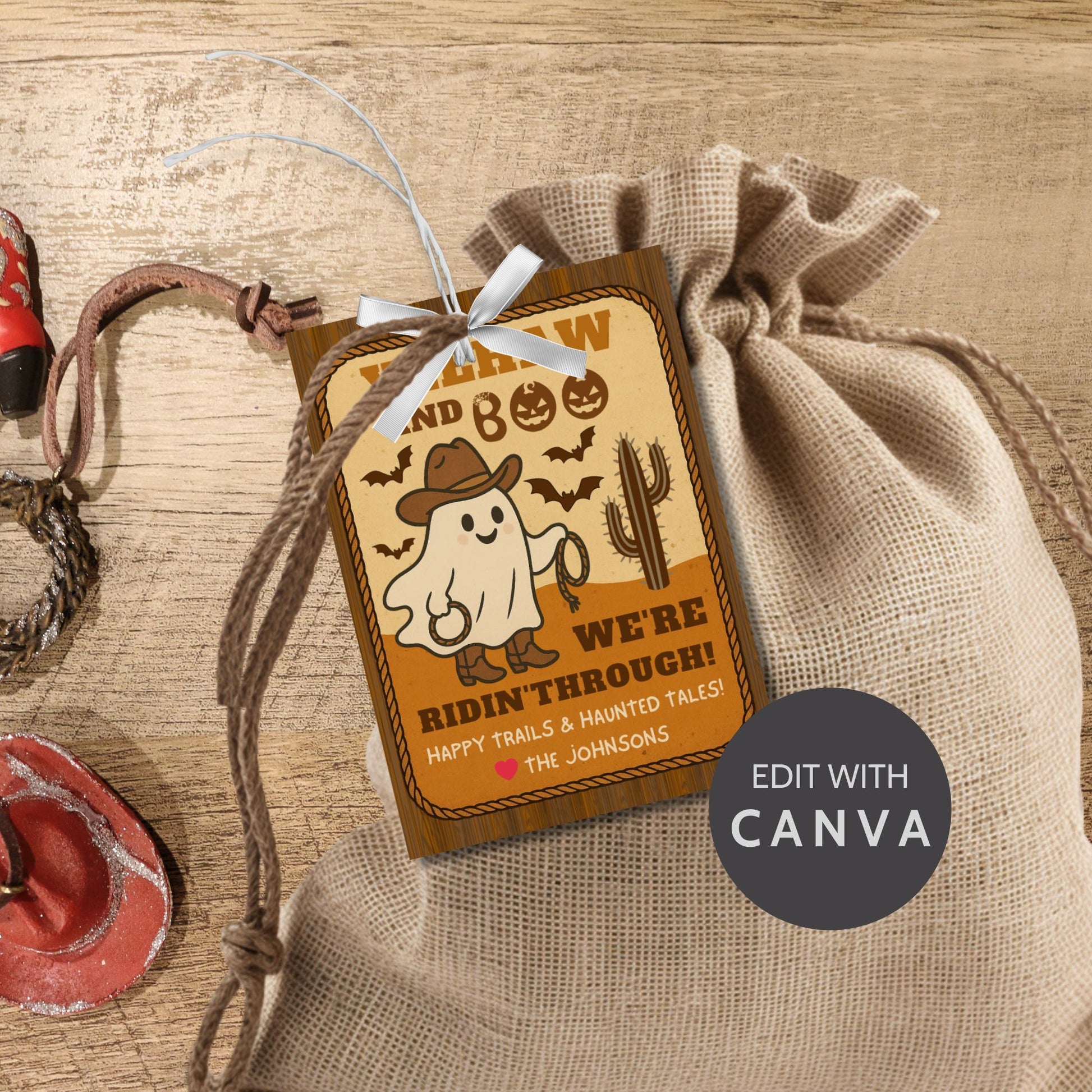 Halloween-themed gift tag with ghost and cowboy hat design on a rustic background.