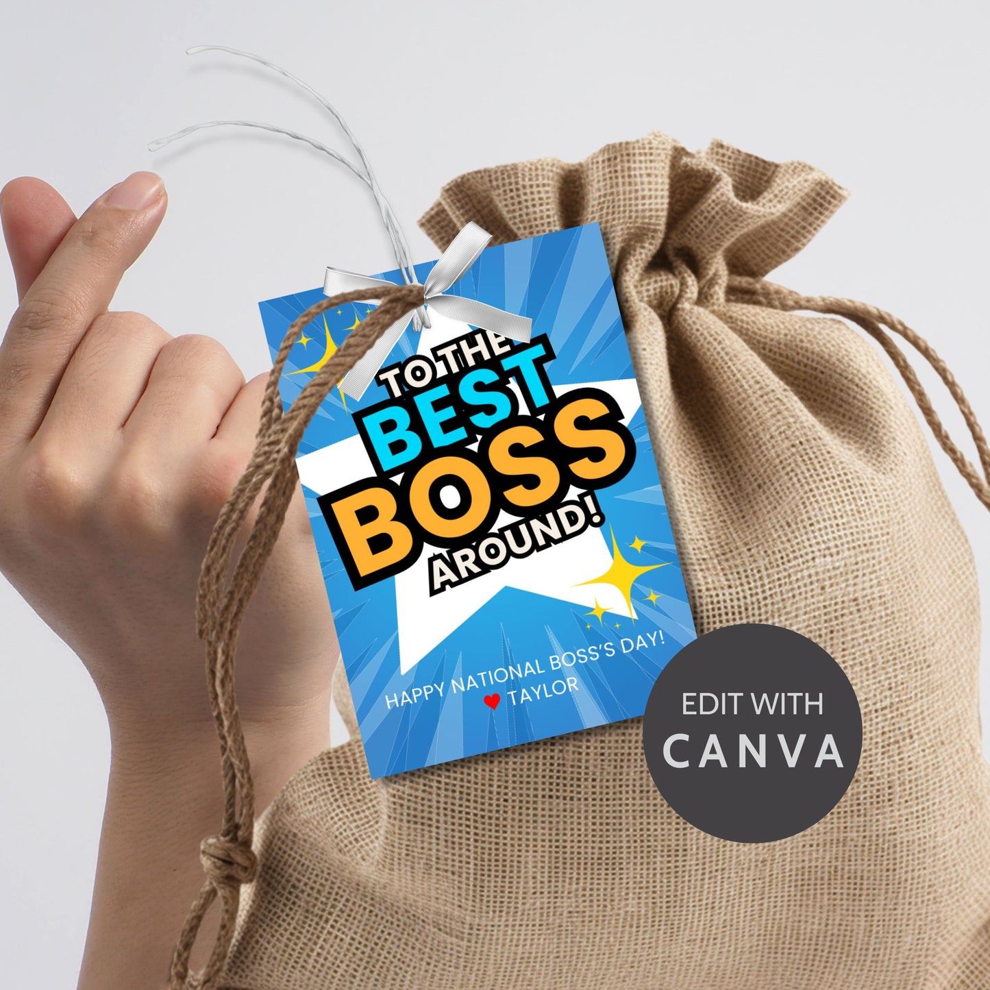 Editable National Boss's Day gift tags with the bold message "To the Best Boss Around!" against a bright blue and starburst background. Each tag is 2.5 x 3.5 inches, 8 per sheet.