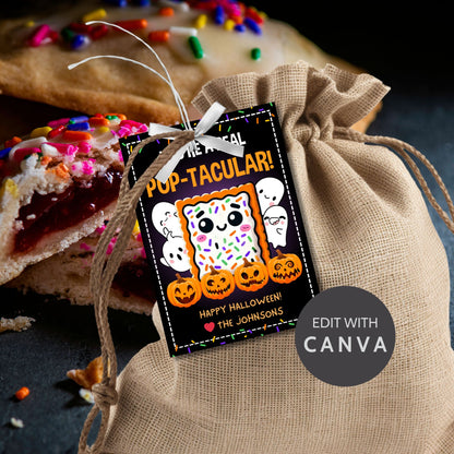 Halloween gift tag featuring a cute Pop-Tart with sprinkles, surrounded by pumpkins and ghosts, with the message 'You're a Real Pop-tacular!'