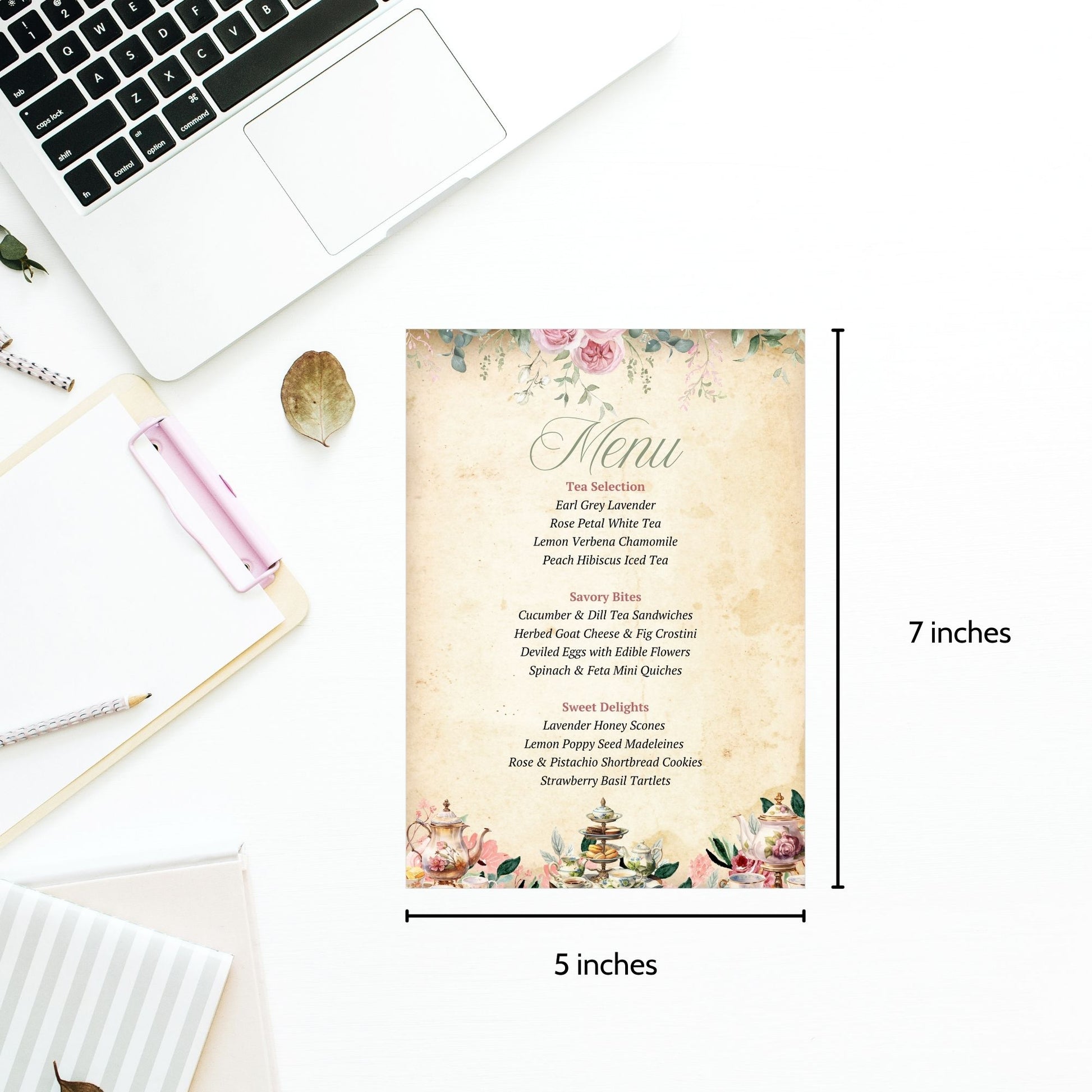 A vintage-inspired botanical tea party menu featuring elegant floral illustrations, antique parchment textures, and refined typography. 5x7-inch, fixed design with editable text in Canva, perfect for bridal showers, afternoon teas, and garden parties.