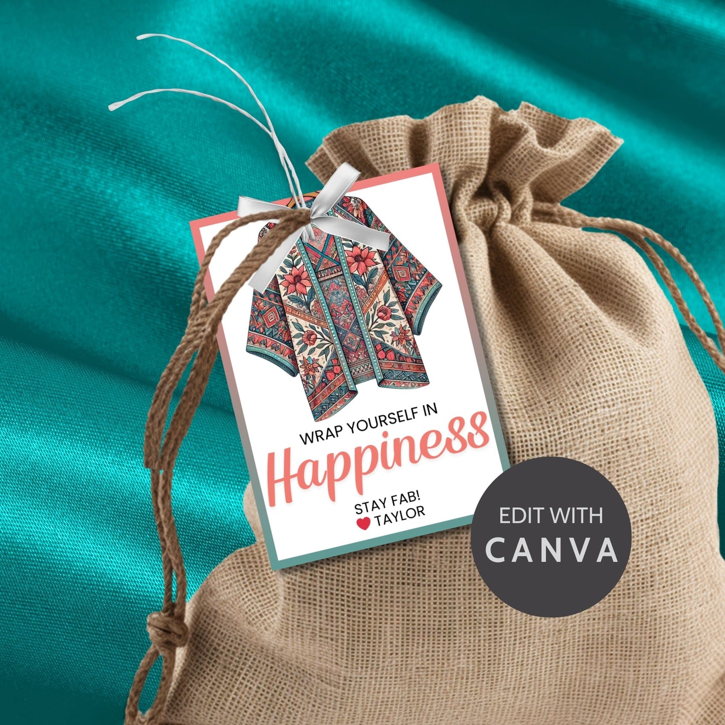 Printable kimono gift tags featuring a colorful kimono design with the text "Wrap Yourself in Happiness" and customizable space for names, perfect for adding a personal touch to any gift.