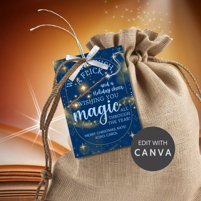 Harry Potter-inspired holiday gift tags featuring a wand, swirling gold magic, and starry background with the message 'With a Swish & Flick and Holiday Cheer, Wishing You Magic All Through the Year.'