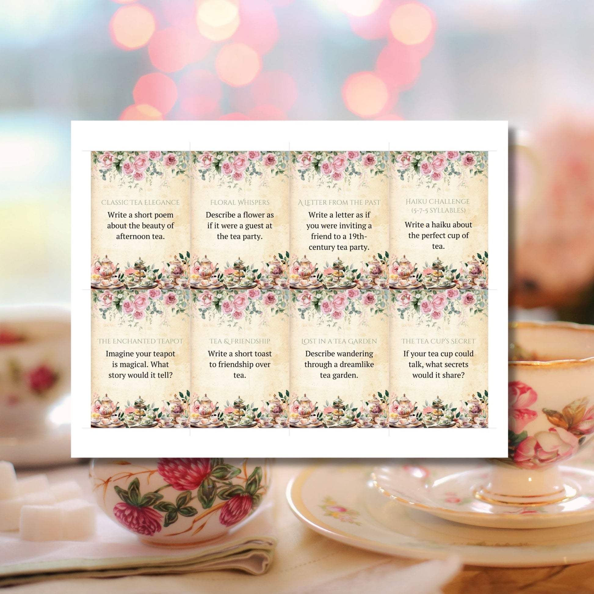 A set of vintage-inspired botanical tea party games, including Poetry & Prose and Tea-Themed Trivia, featuring elegant floral illustrations, antique parchment backgrounds, and classic typography. Print-ready PDF format, perfect for bridal showers, afternoon teas, weddings, and baby showers.