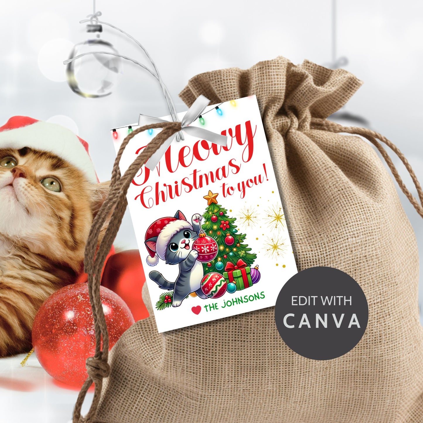 Christmas gift tags featuring a cute kitten in a Santa hat with a festive tree and gifts, paired with the message "Meowy Christmas to you!" These printable and editable tags add a playful, festive touch to holiday gifts for cat lovers.