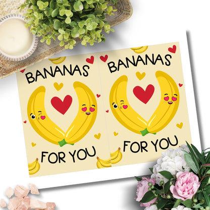 Printable Valentine’s Day Greeting Card featuring the pun “I'm Bananas for You.” Designed as a 5x7 PDF on an 8.5 x 11 sheet with two cards per page. A cute and fun Valentine’s card for fruit lovers.