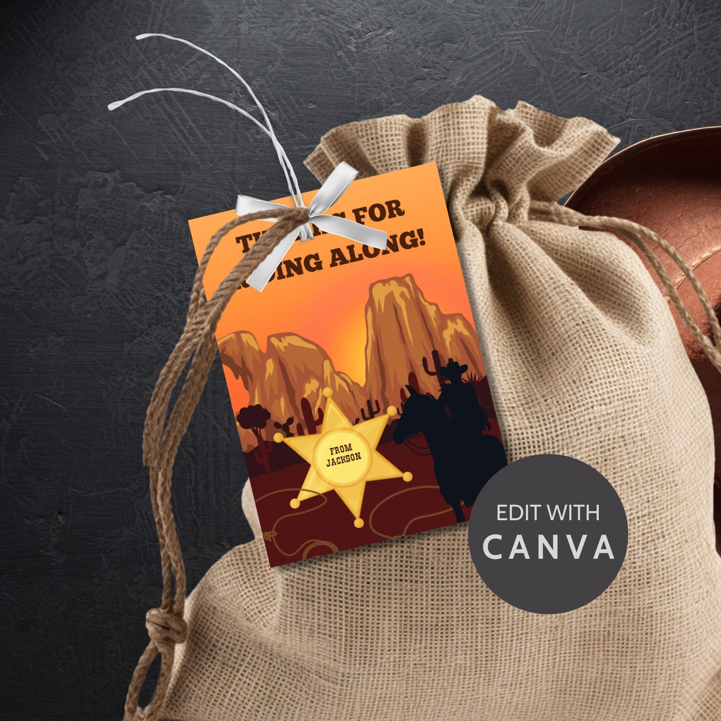 Wild West editable thank you gift tags printable for cowboy party favors with rustic Western design and "Thanks for Riding Along" message.