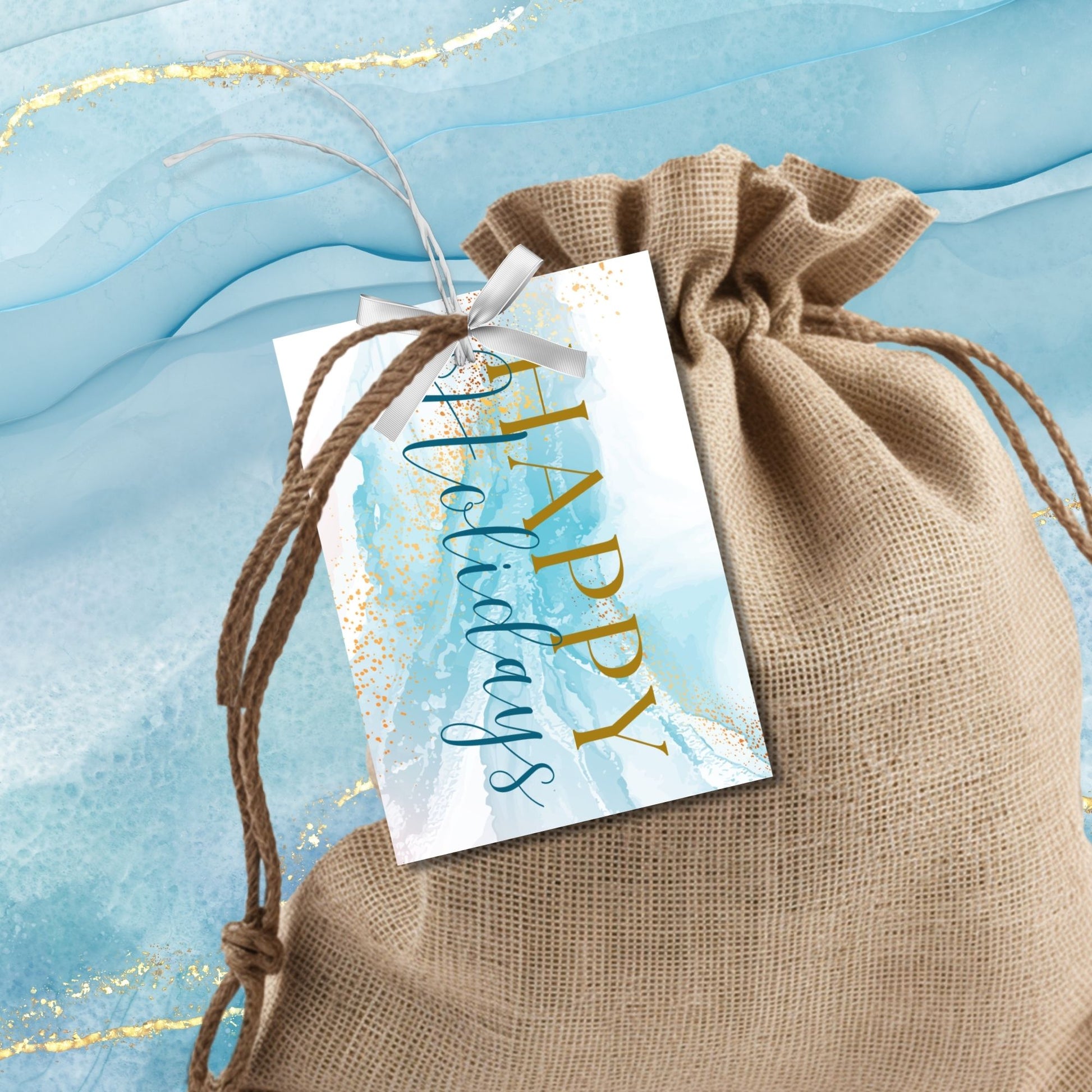 Blue and gold marble Holiday gift tags featuring a luxurious design with gold accents and elegant "Happy Holidays" text, sized 2.5 x 3.5 inches, 8 per sheet.