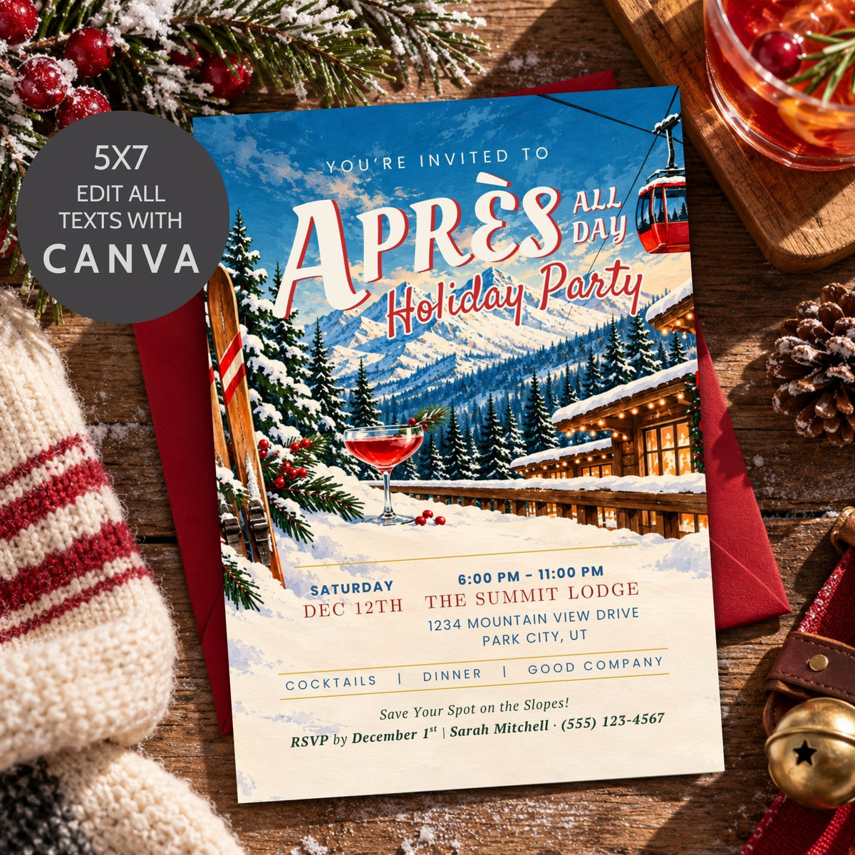 A ski resort themed party invitation card with a colorful winter mountain scene, red cable car, and cocktail glass, styled on a wooden table with a red envelope, knit sweater, and holiday decorations. A dark gray circular badge on the left reads '5X7 EDIT ALL TEXTS WITH CANVA'.