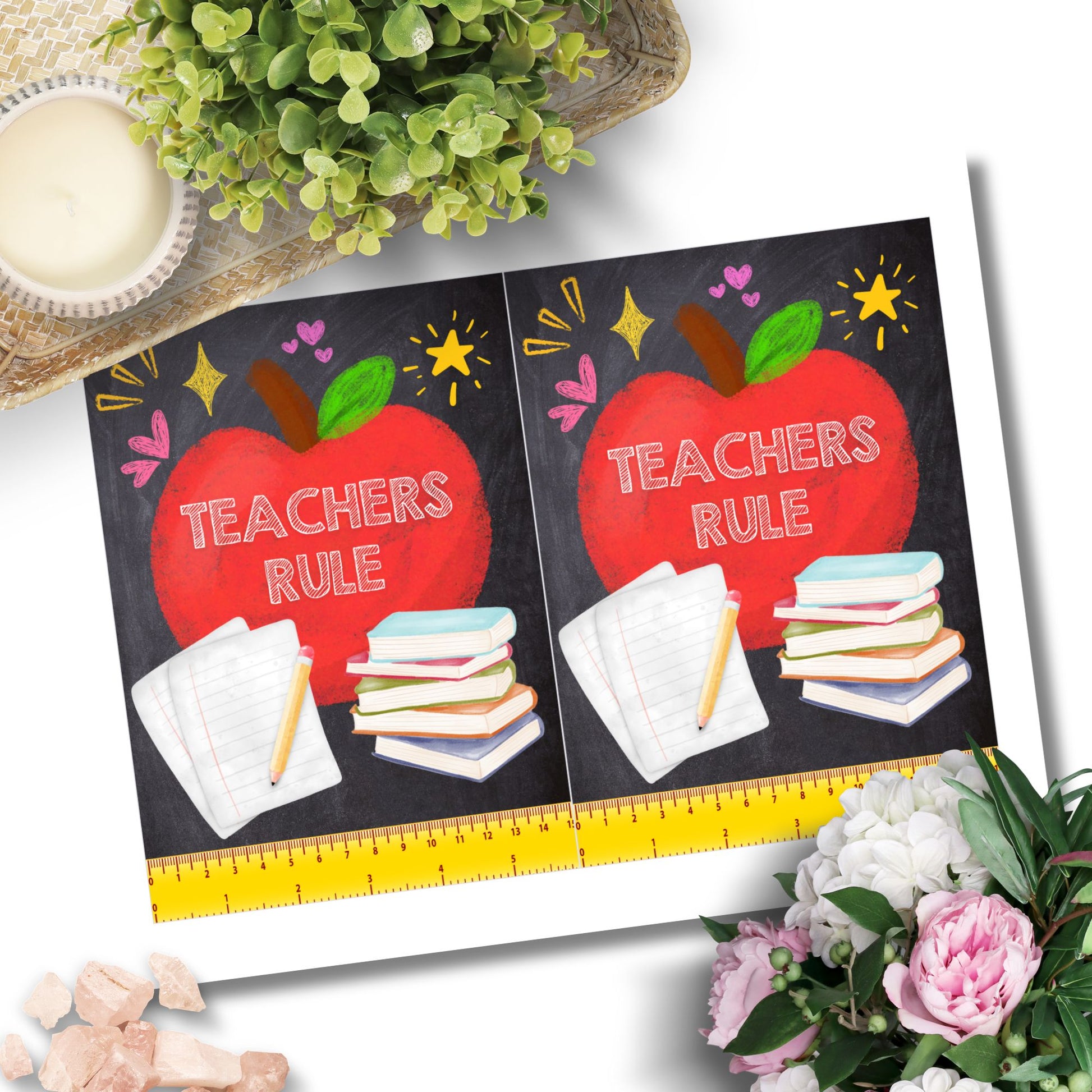 Printable Teacher Appreciation Greeting Card with colorful “Teachers Rule” ruler design – 5x7 digital download