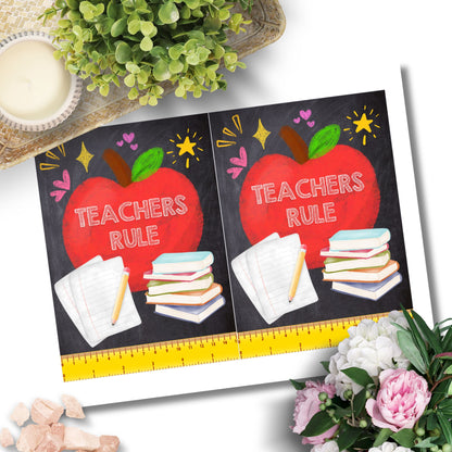 Printable Teacher Appreciation Greeting Card with colorful “Teachers Rule” ruler design – 5x7 digital download