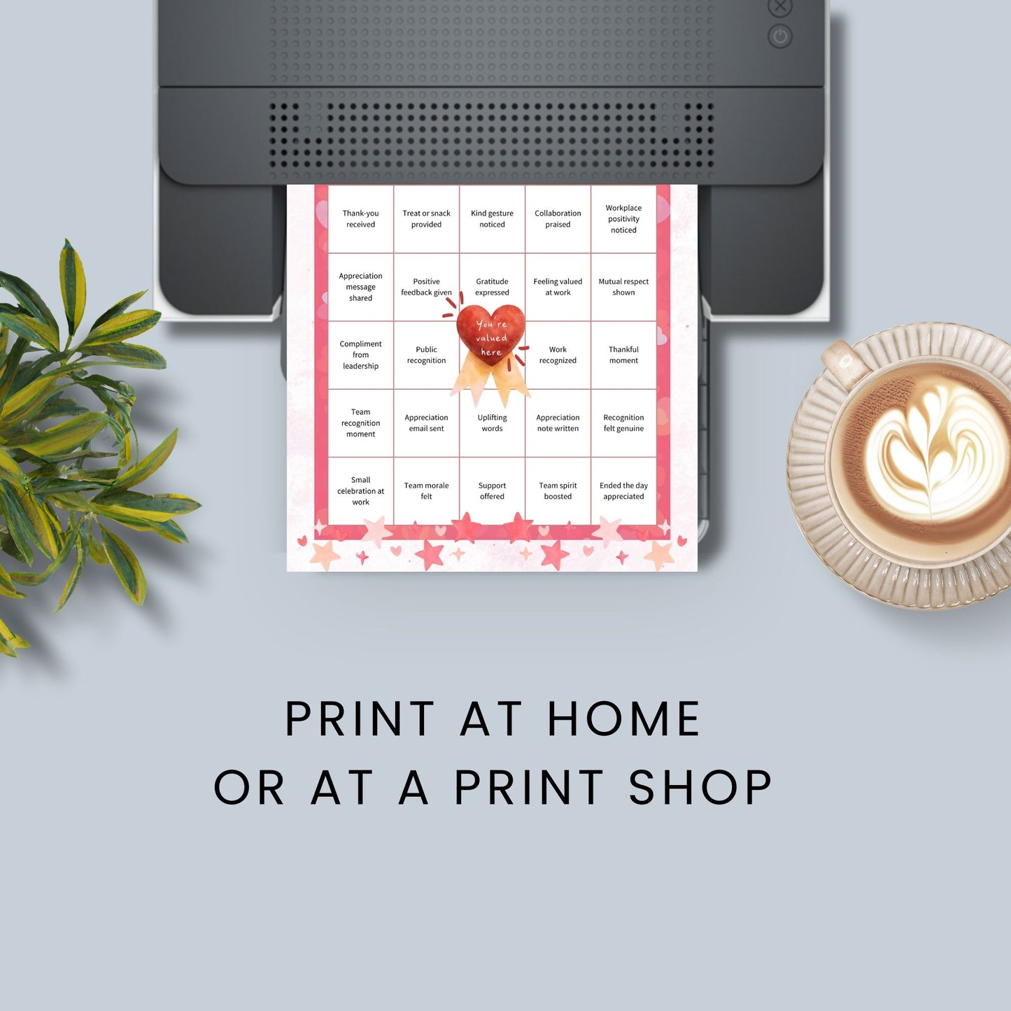 Office Appreciation Bingo printable featuring five work-appropriate bingo cards for office cupid, remote teams, employee morale, office appreciation, and manager recognition, sized 8.5x11.