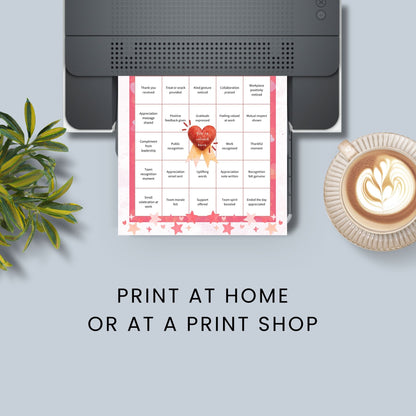 Office Appreciation Bingo printable featuring five work-appropriate bingo cards for office cupid, remote teams, employee morale, office appreciation, and manager recognition, sized 8.5x11.