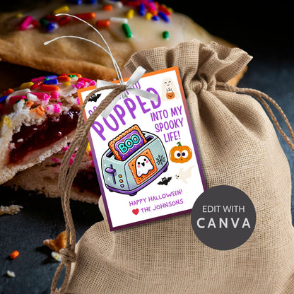 Halloween gift tag featuring a toaster with Pop-Tarts and ghosts with the message 'So Glad You Popped into My Spooky Life!' for Halloween Pop-Tart gifts. Perfect for printable and editable Halloween treat tags.