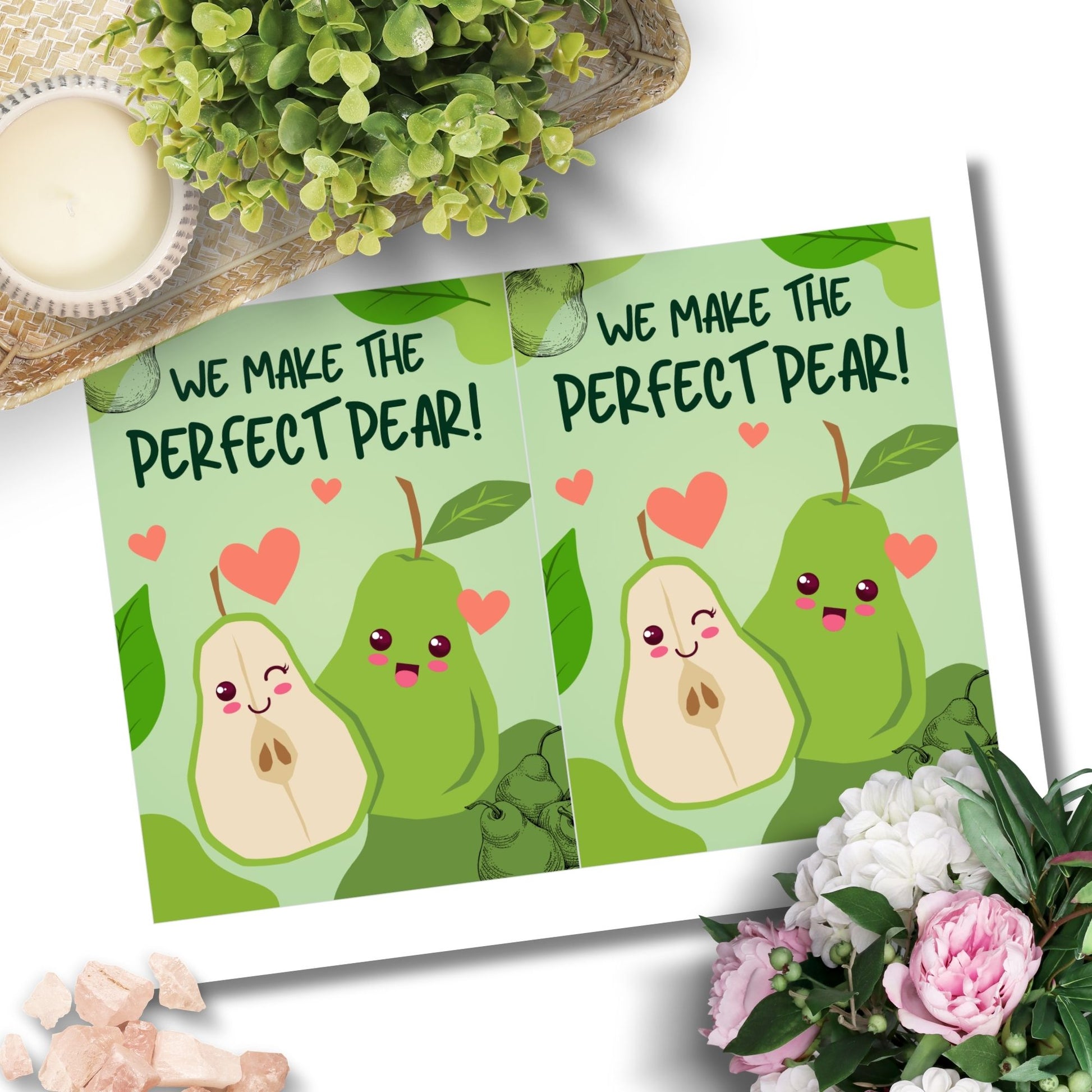 A cute and punny printable Valentine’s Day card featuring two adorable pears with smiling faces, symbolizing the perfect pair in love or friendship.
