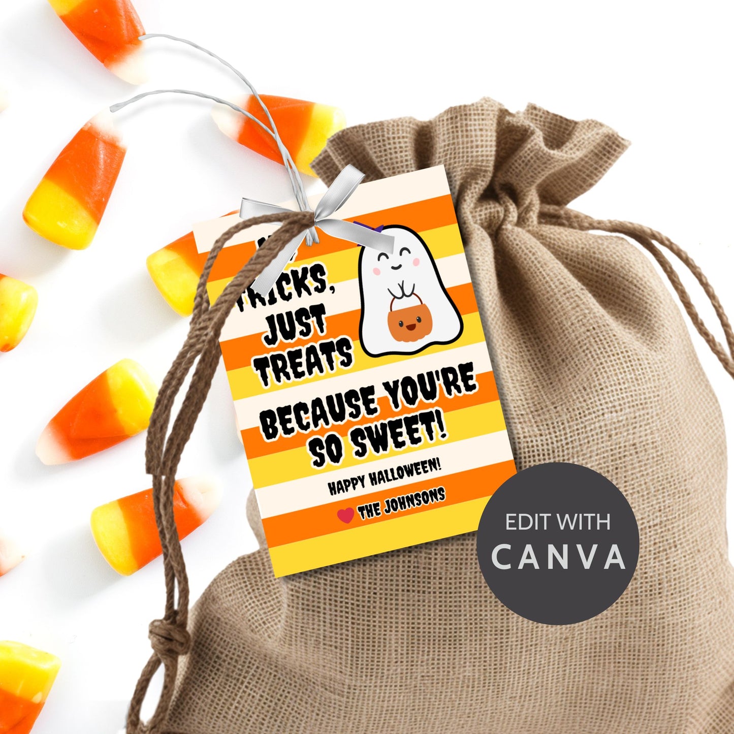 Halloween-themed printable gift tags featuring a cute ghost holding a pumpkin with the message "No Tricks, Just Treats Because You're So Sweet!" Tags are 2.5 x 3.5 inches, laid out 8 per sheet on a standard 8.5 x 11-inch page. Includes a printable PDF and a PDF with a link to an editable Canva template.