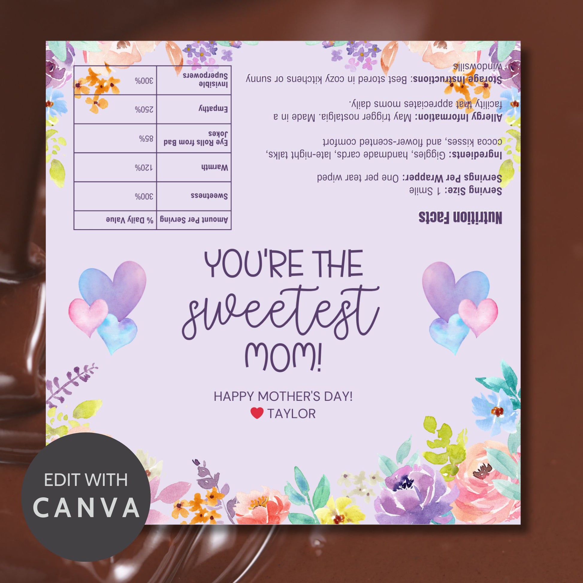 Floral watercolor chocolate bar wrapper with the message “You’re the Sweetest Mom!” in soft purple and heart accents – printable gift for Mother's Day, grandma, or church moms.