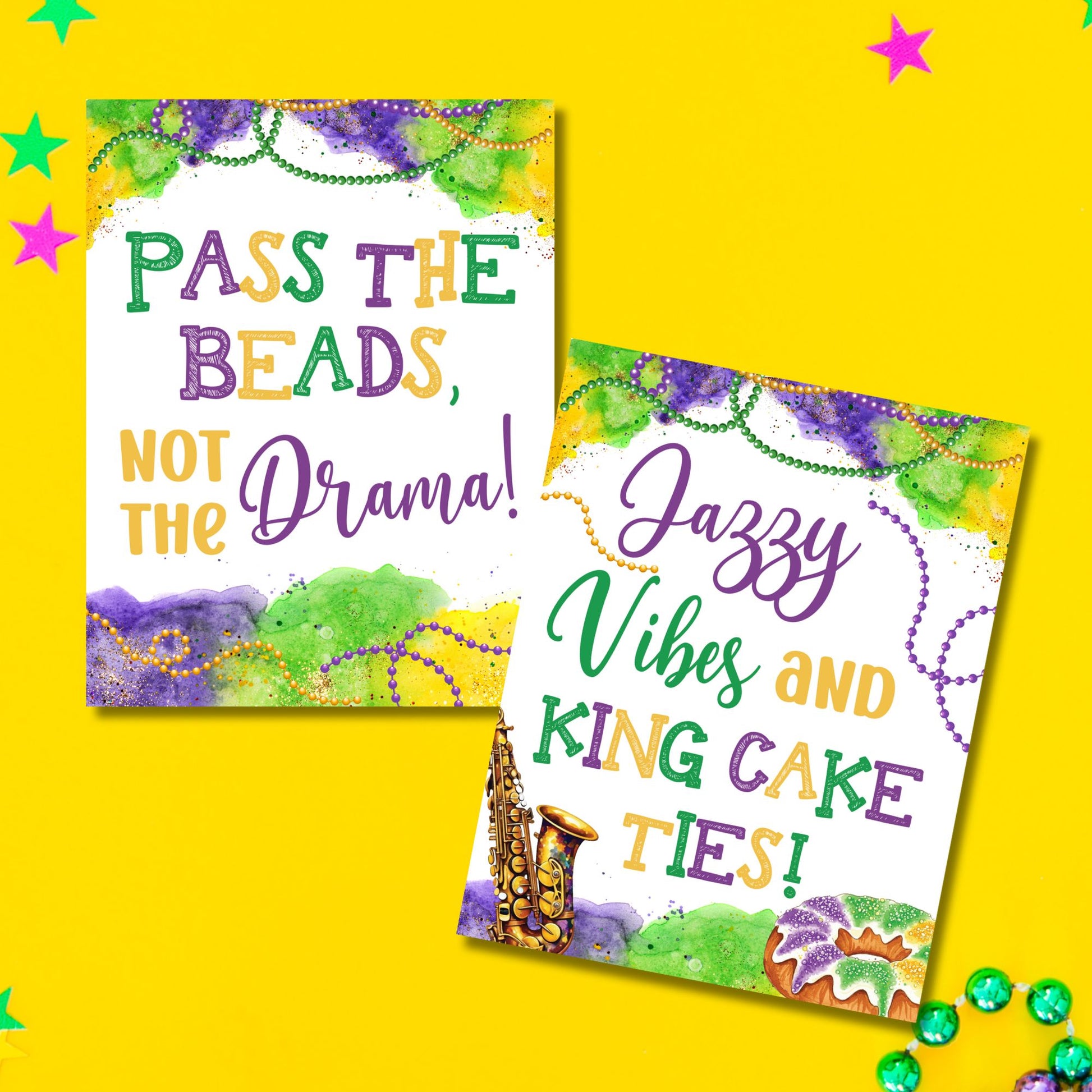 Printable Mardi Gras table toppers featuring fun and playful quotes in bright purple, gold, and green, perfect for party decorations, centerpieces, and festive event setups.