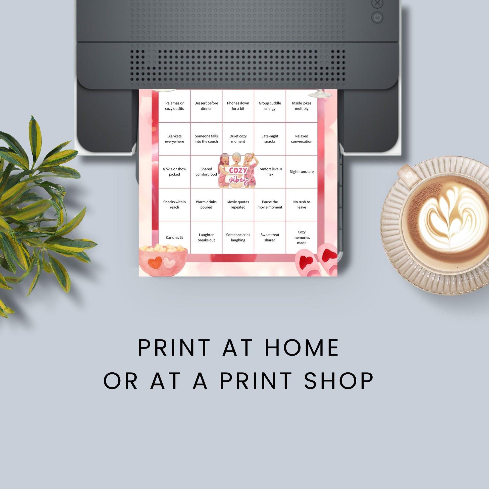 Galentine’s Bingo printable featuring five pink-themed bingo cards for girls night, brunch, book club, cozy gatherings, and glam Galentine’s soirées, sized 8.5x11.